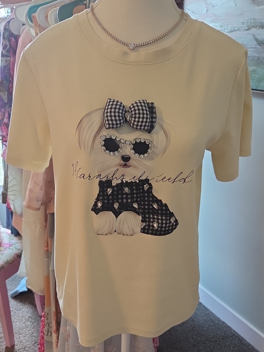 Women's Short Sleeve Graphic Tee with Dog Motif - Cream